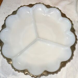 Vintage Anchor Hocking, milk glass & Gold Scalloped Serving Platter